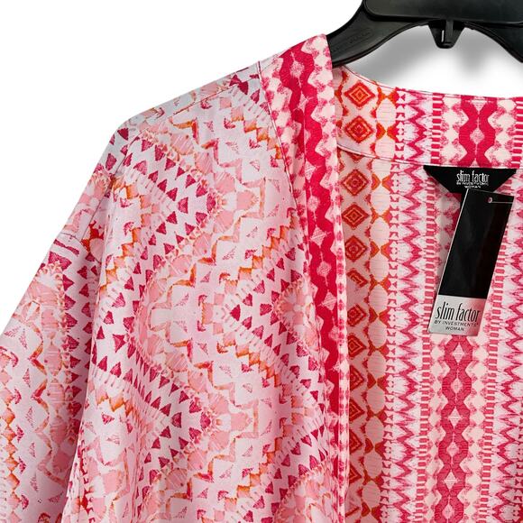 Slim Factor Satiny Mosaic Tile Open Front Short Sleeve Kimono Shirt Plus Sz 3X - Picture 3 of 7